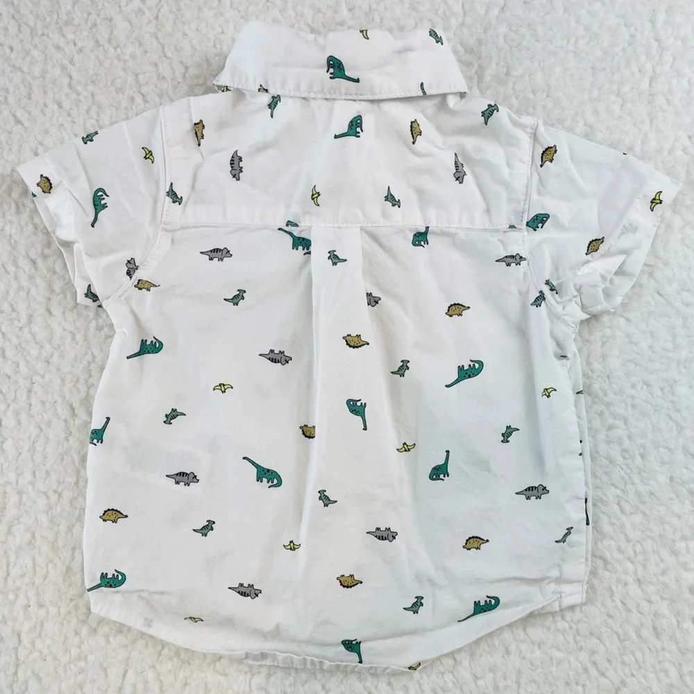 CARTER’S • White/Multi Dinosaur Print Button-Down Short Sleeve Shirt, 3M